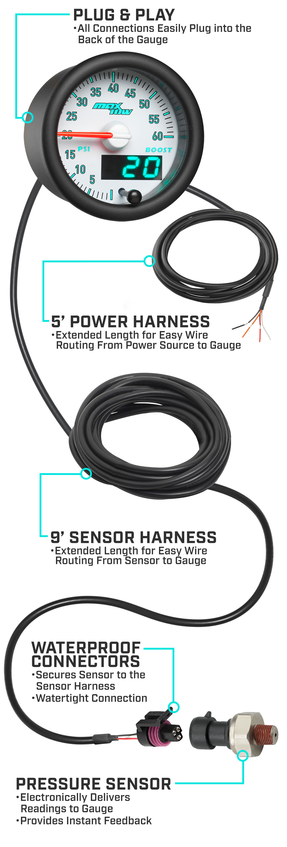 MaxTow Match 3rd Gen Cummins Diesel Boost Gauge Parts and Wiring