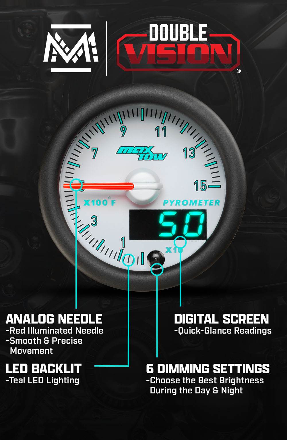 MaxTow Match 3rd Gen Cummins 1500F Pyrometer EGT Gauge