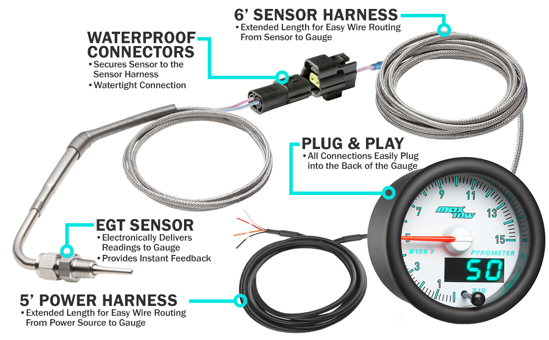 MaxTow Match 3rd Gen Cummins 1500F Exhaust Gas Temp Gauge Parts and Wiring