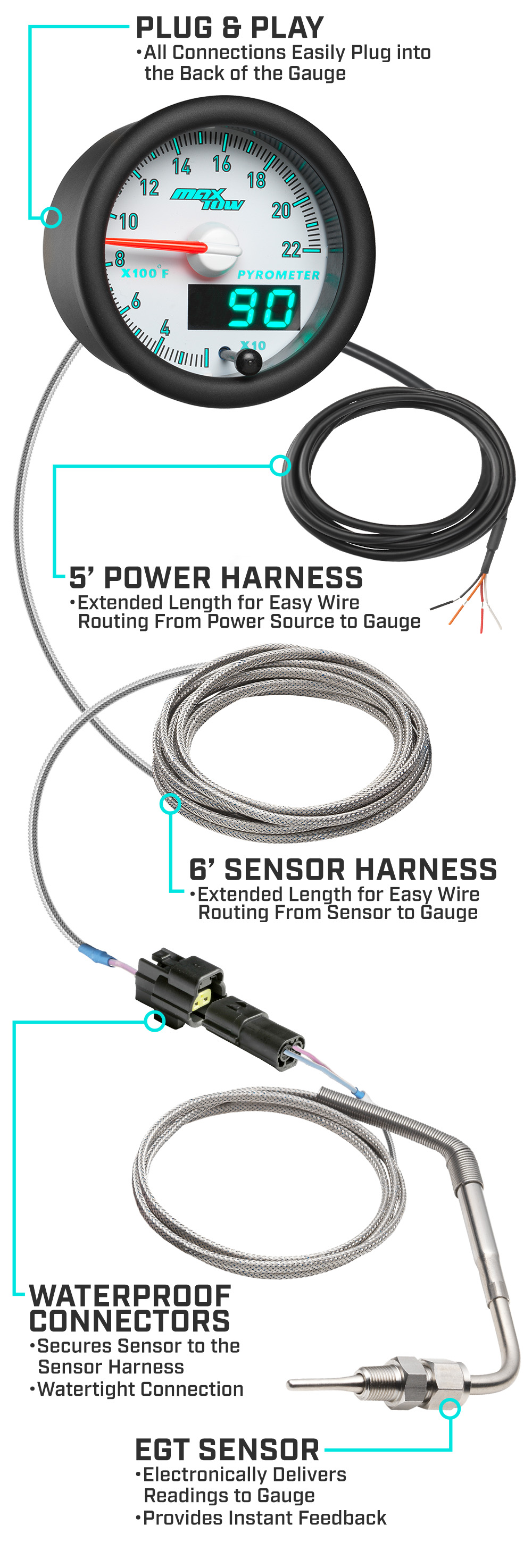 MaxTow Match 3rd Gen Cummins 2200 EGT Gauge Parts and Wiring