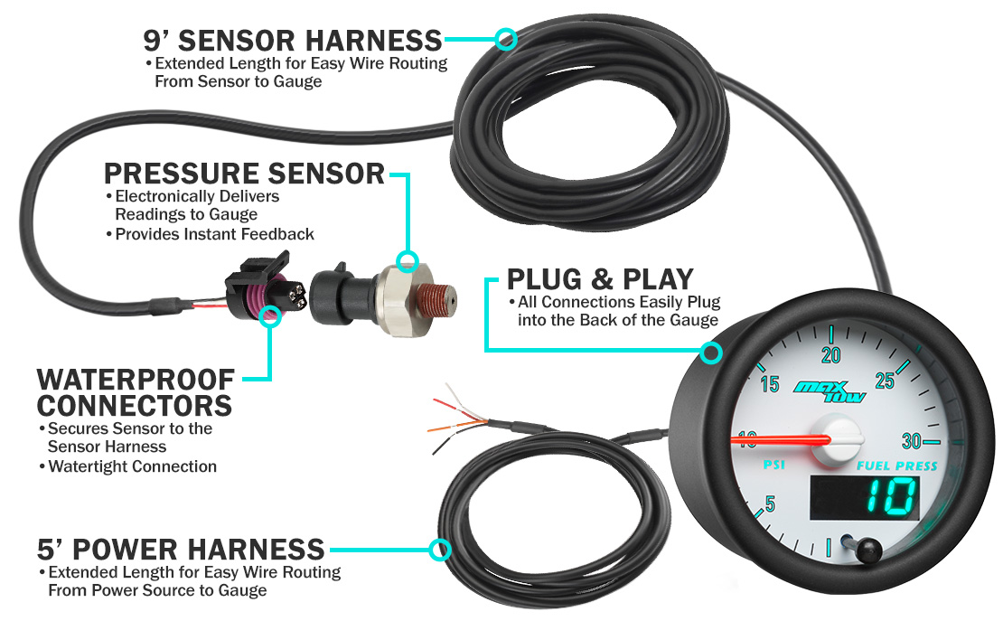 MaxTow Match 3rd Gen Cummins Diesel 30 PSI Fuel Pressure Gauge Parts and Wiring