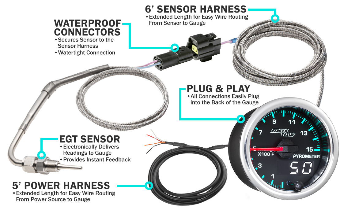 MaxTow Match 2014-2020 6.6L Duramax 1500F Exhaust Gas Temp Gauge Parts and Wiring