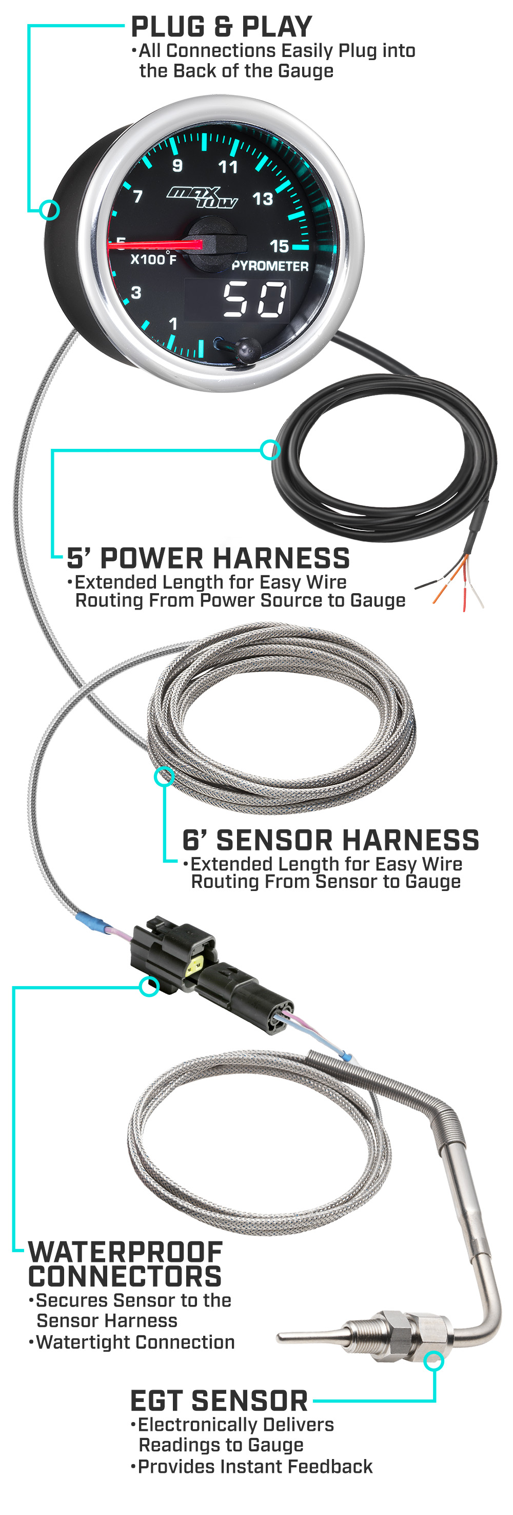 MaxTow Match 2014-2020 6.6L Duramax 1500F Exhaust Gas Temp Gauge Parts and Wiring