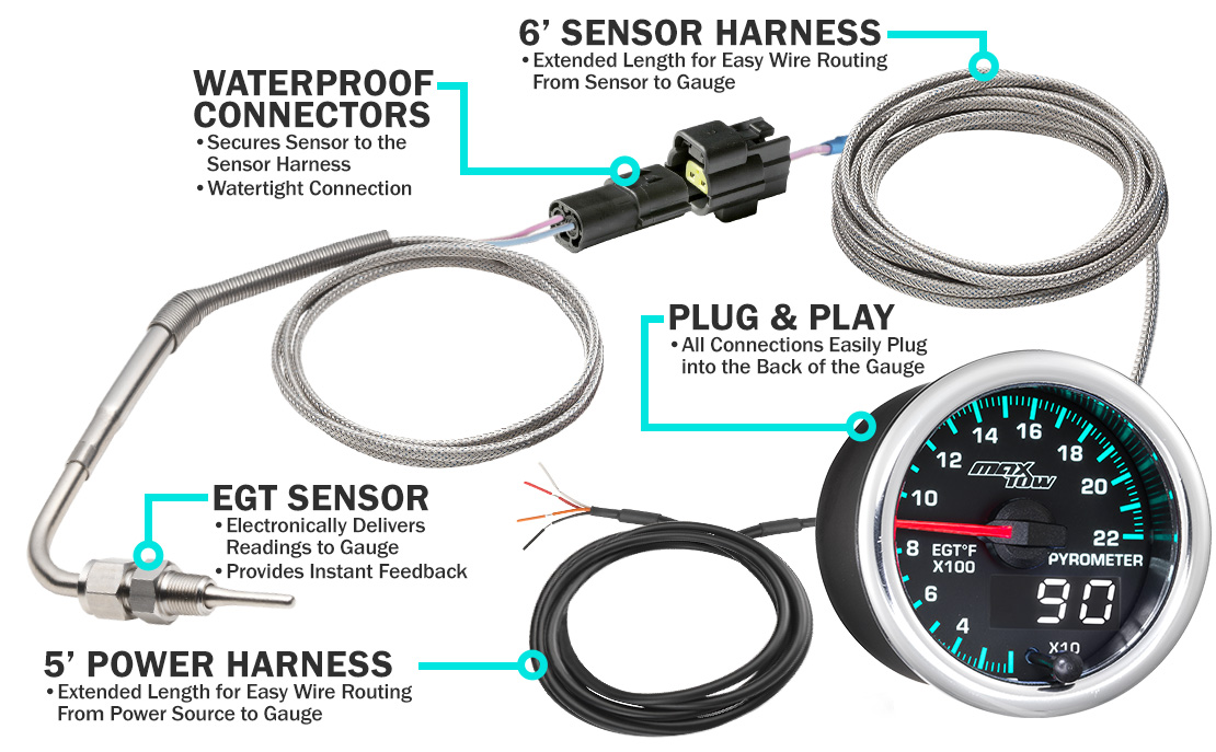 MaxTow Match 2014-2020 6.6L Duramax 2200 EGT Gauge Parts and Wiring