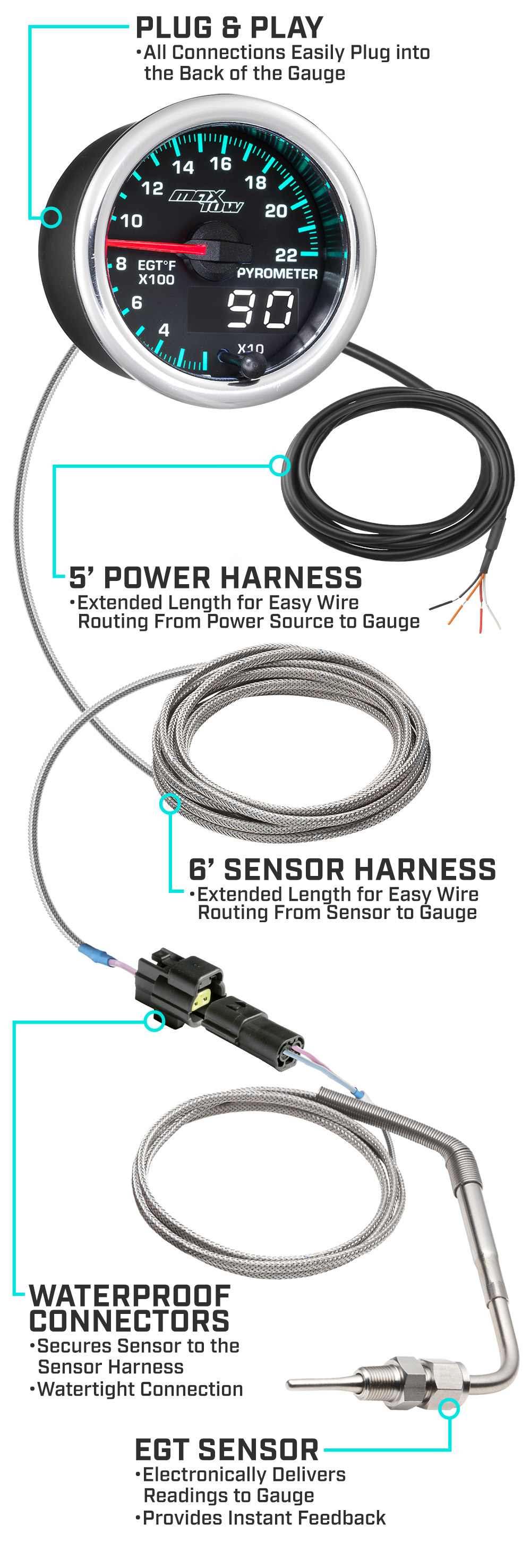 MaxTow Match 2014-2020 6.6L Duramax 2200 EGT Gauge Parts and Wiring