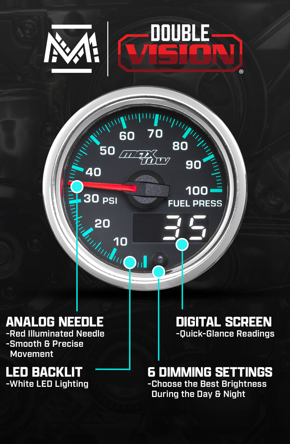 MaxTow Match 2014-2020 6.6L Duramax 100 PSI Fuel Pressure Gauge