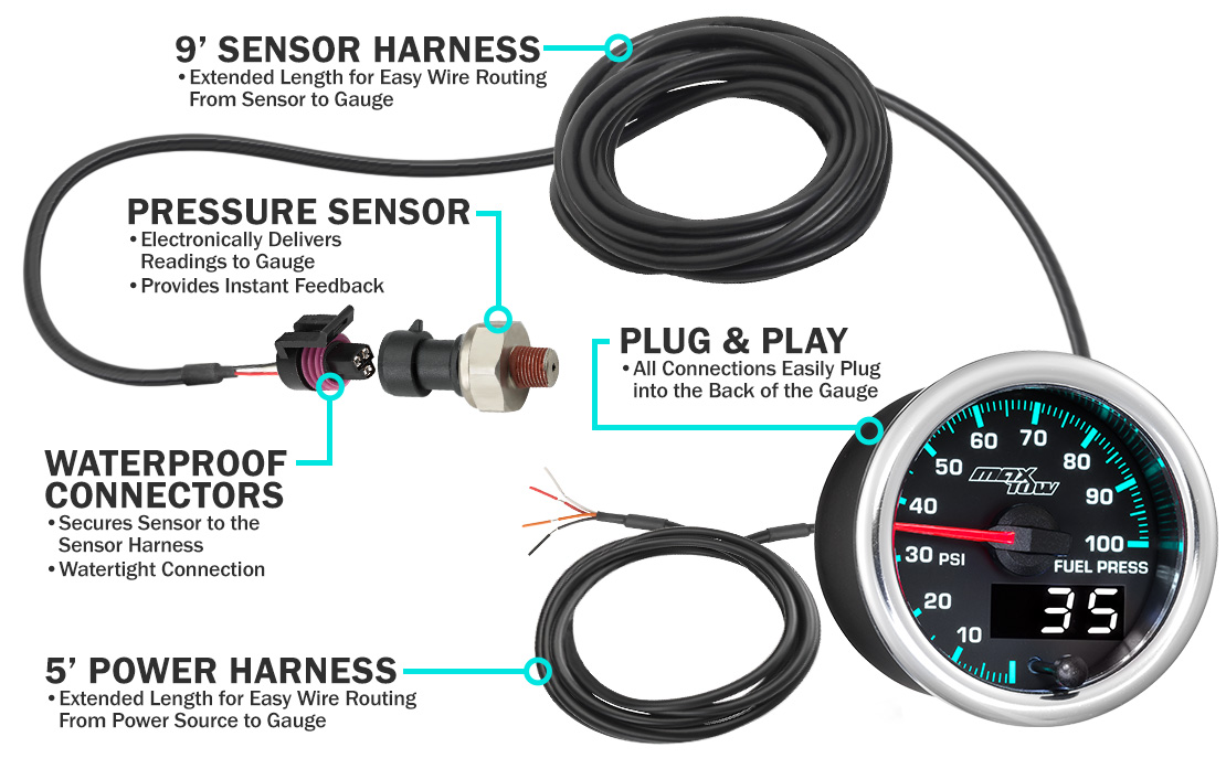 MaxTow Match 2014-2020 6.6L Duramax Diesel 100 PSI Fuel Pressure Gauge Parts and Wiring