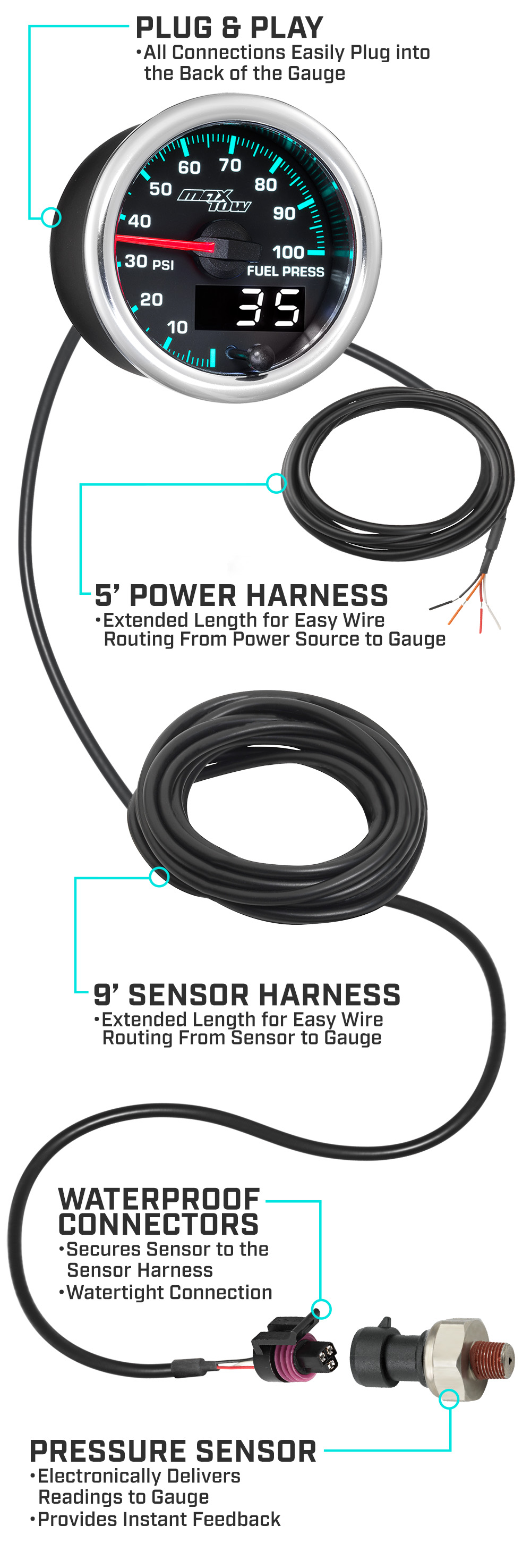 MaxTow Match 2014-2020 6.6L Duramax Diesel 100 PSI Fuel Pressure Gauge Parts and Wiring