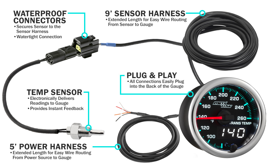 MaxTow Match 2014-2020 6.6L Duramax Trans Temp Gauge Parts and Wiring