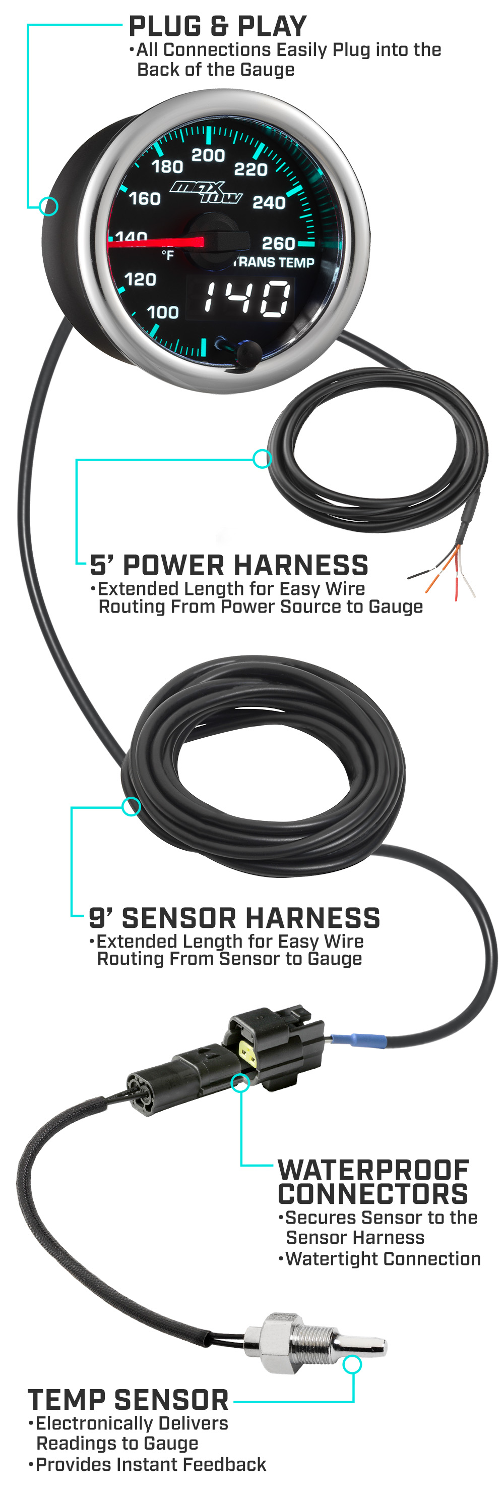 MaxTow Match 2014-2020 6.6L Duramax Trans Temp Gauge Parts and Wiring